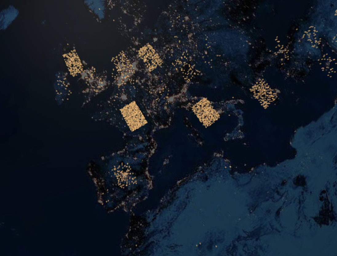 Amber point mode — every artifact as a point on the globe