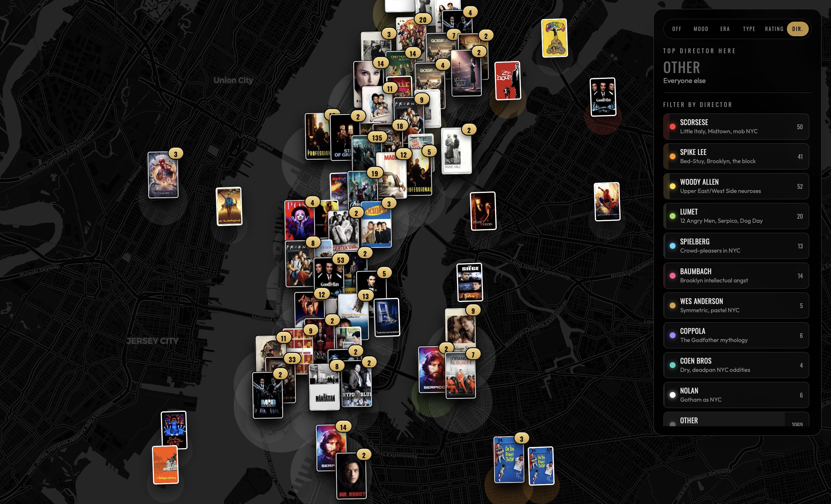 Filmed in NYC map showing director signatures across the city, from Scorsese to Spike Lee to Woody Allen