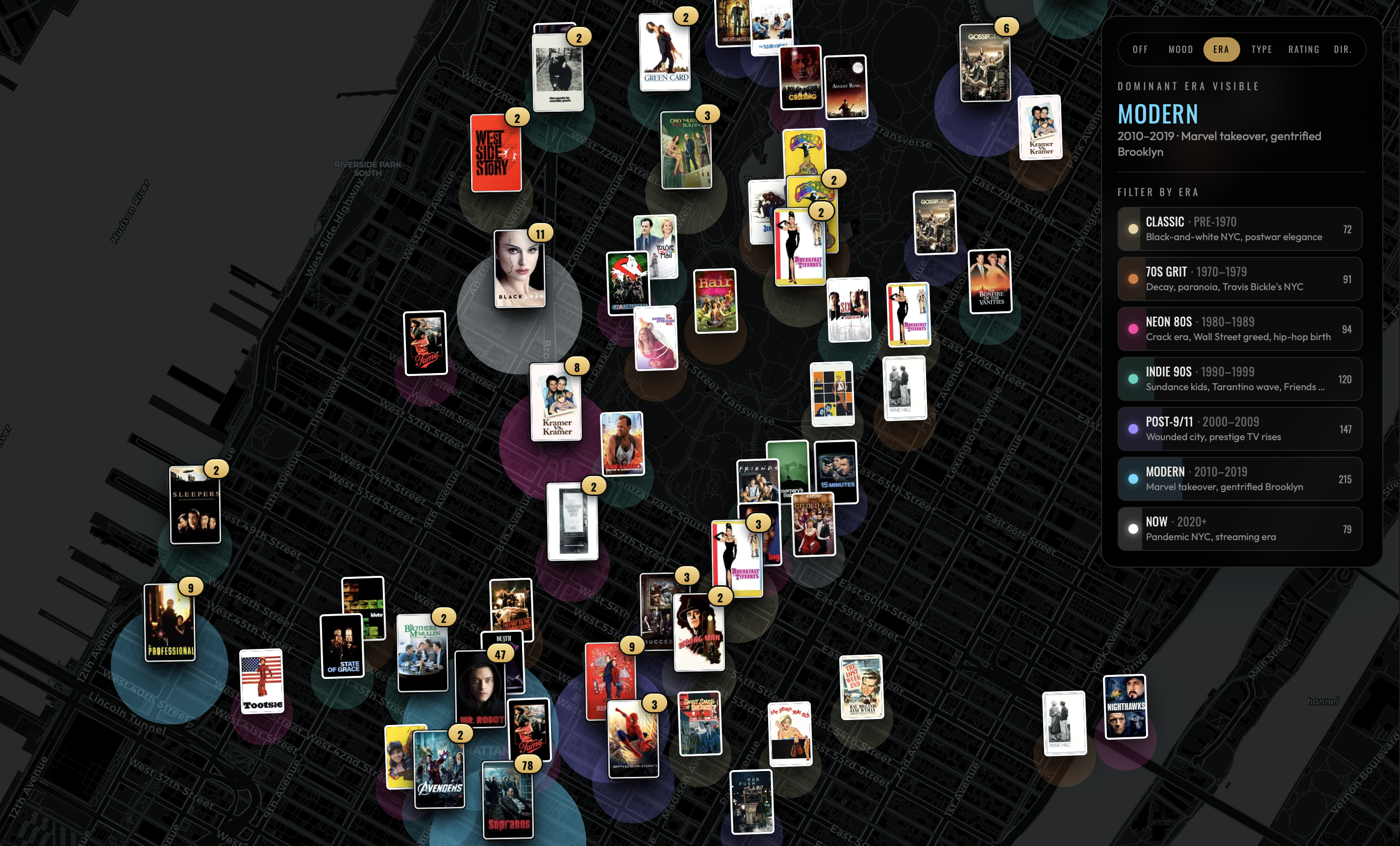 Filmed in NYC map sorted by era, showing how New York's on-screen identity shifted decade by decade