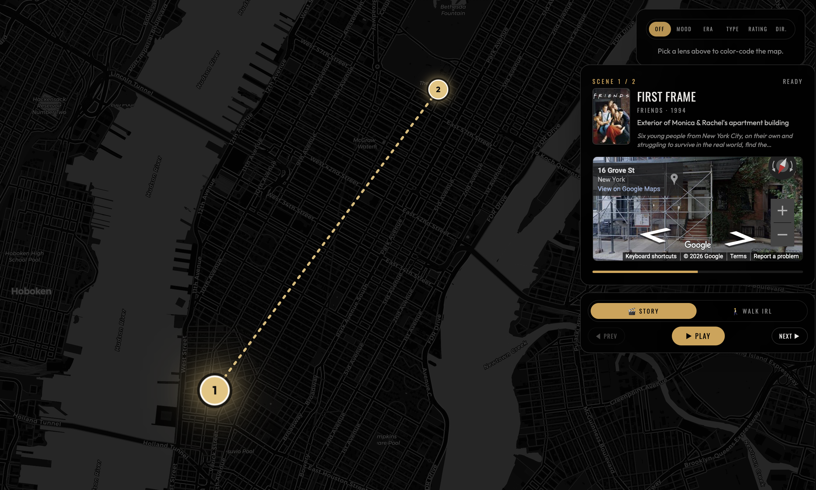 Filmed in NYC scene-by-scene walking path with Street View and real-world addresses across the city