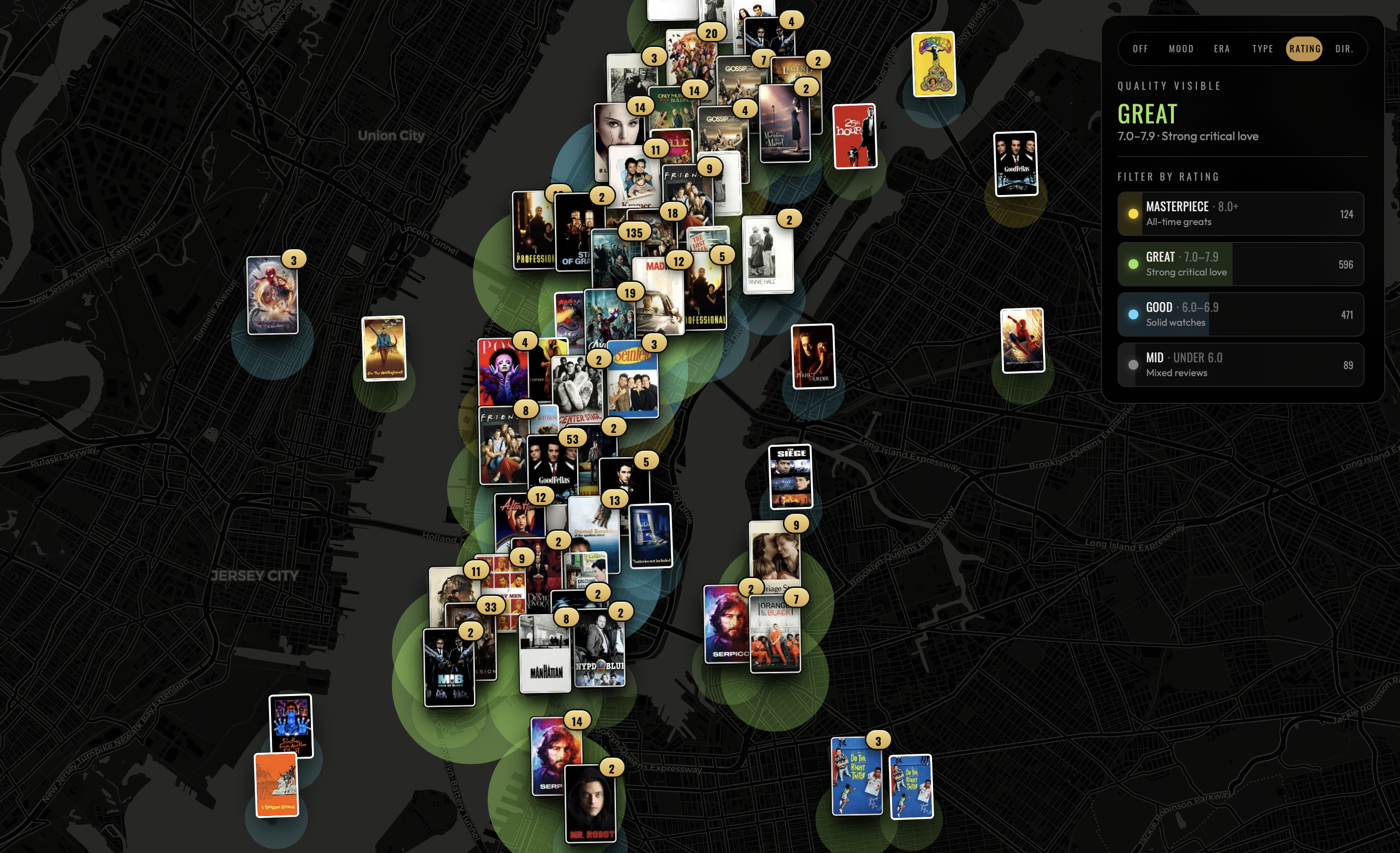 Filmed in NYC map filtered by critical rating, glowing green where the highest-rated films cluster