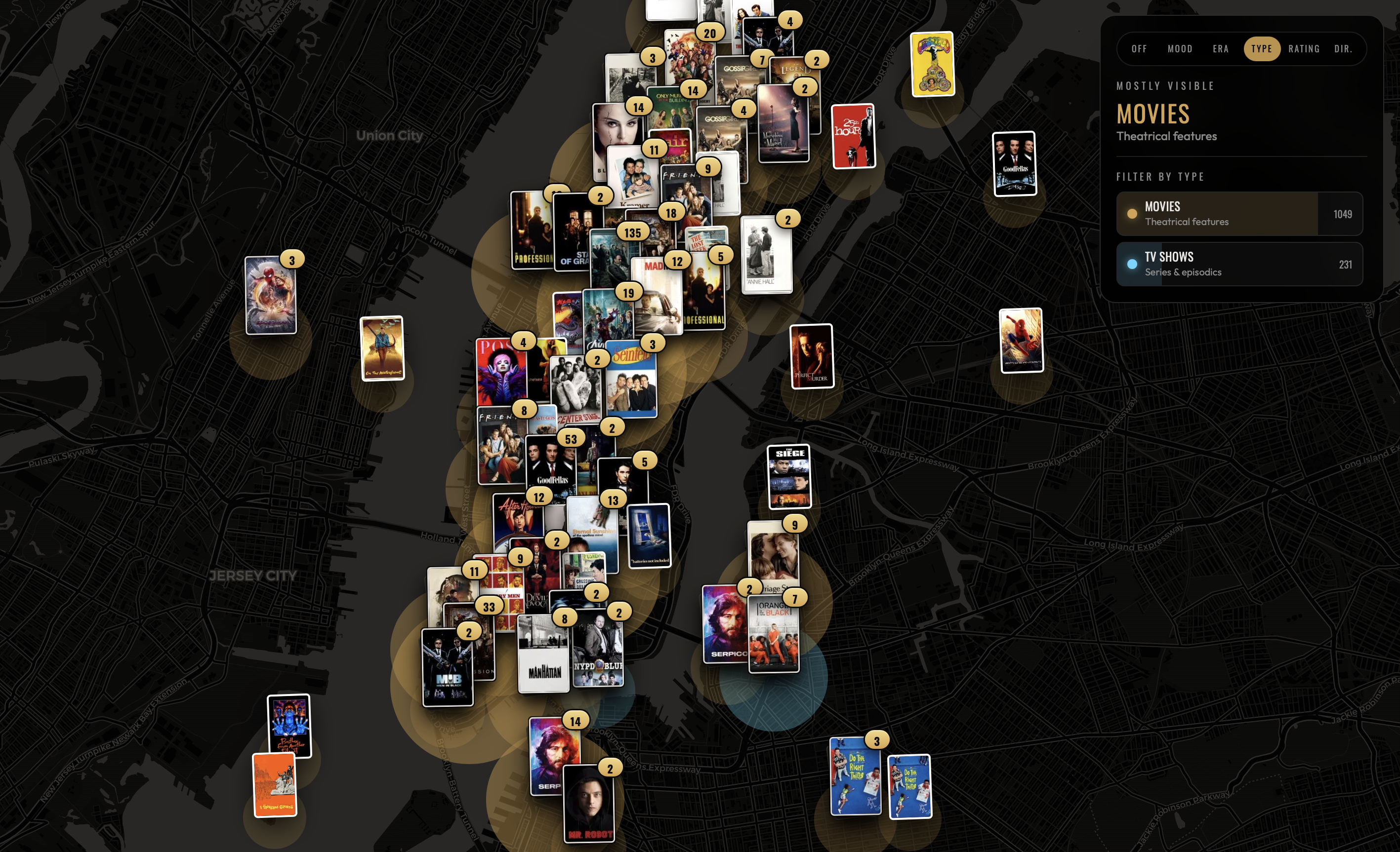 Filmed in NYC map split between theatrical features and television series