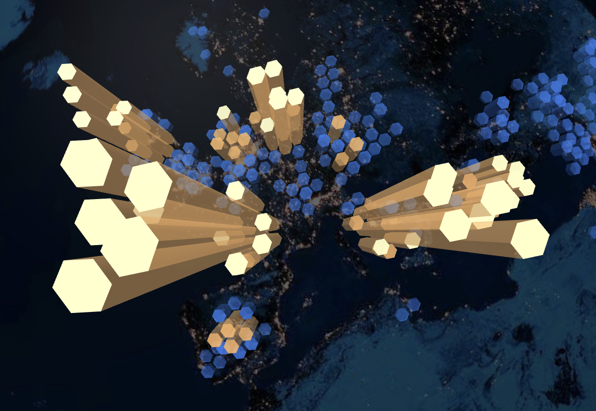 Hex-bin density mode — artifacts aggregated by region with color-coded density