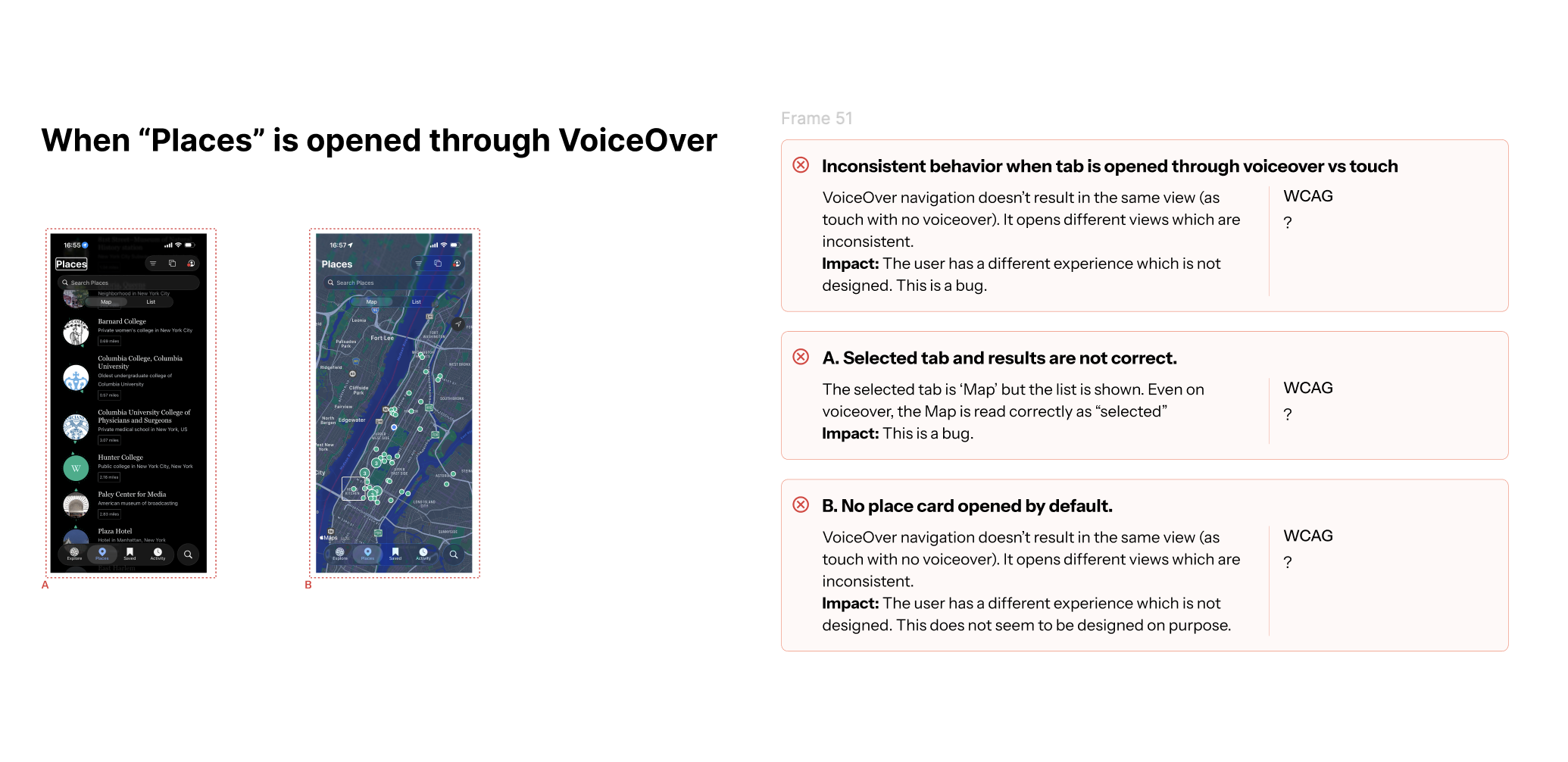 Places tab VoiceOver issues annotated